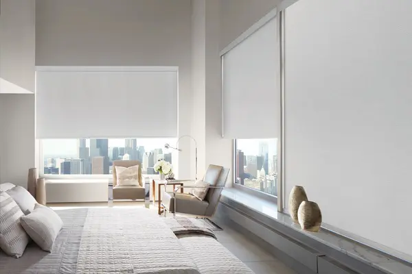 A living room with window shades 