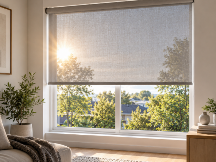 Windows fitted with solar sun shades indoors